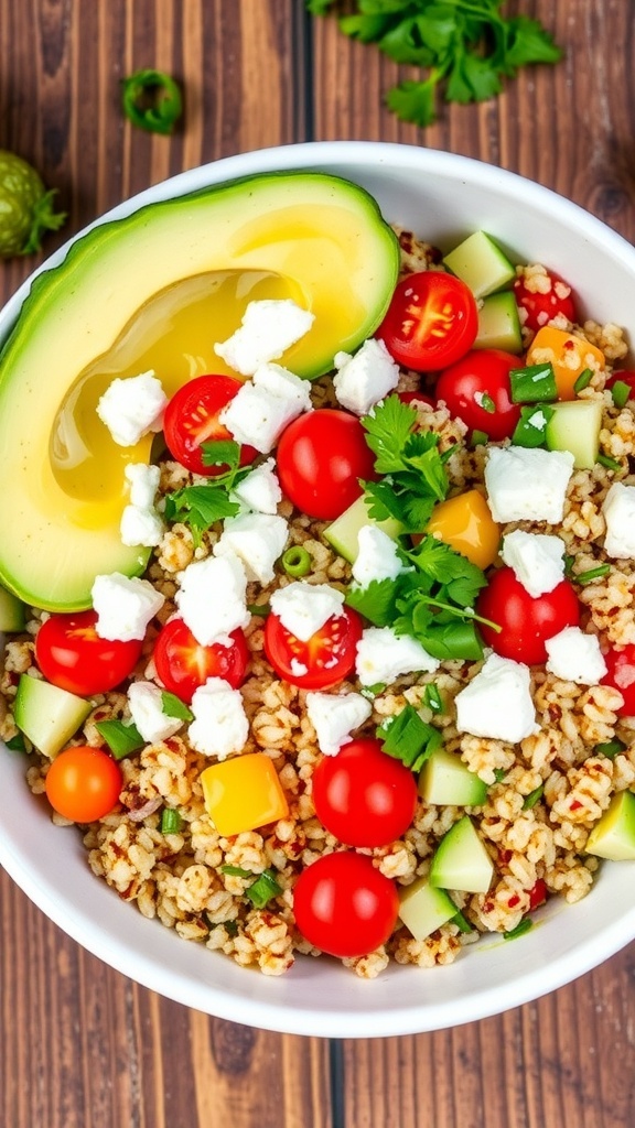 A colorful quinoa bowl with tomatoes, cucumber, avocado, and feta cheese, garnished with herbs on a rustic table.
